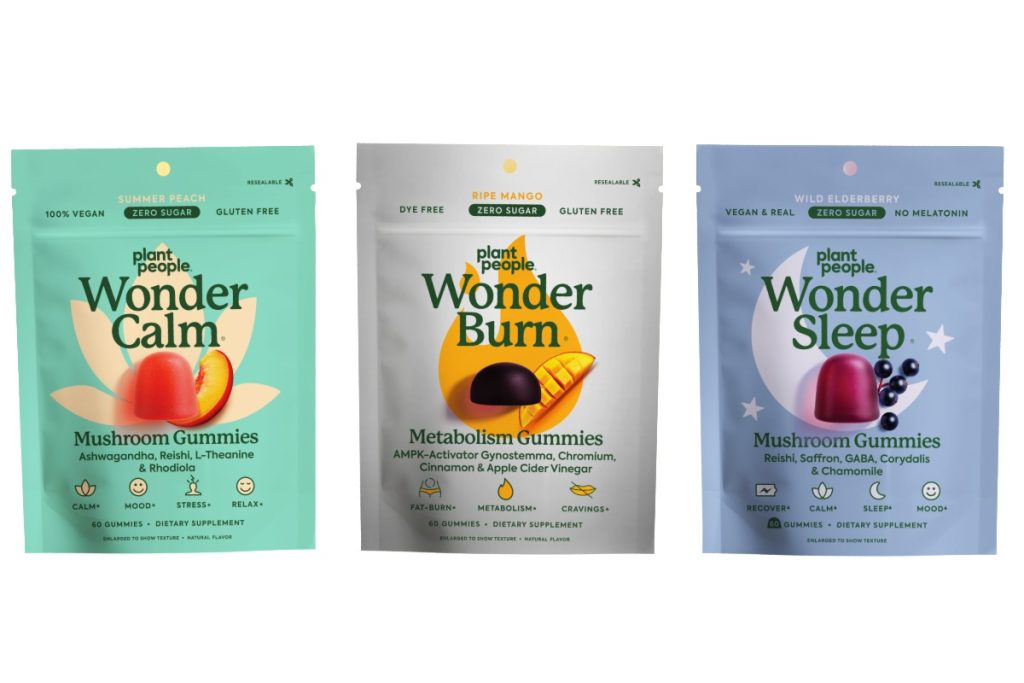 A collection of plant people mushroom gummies packs kept with each other