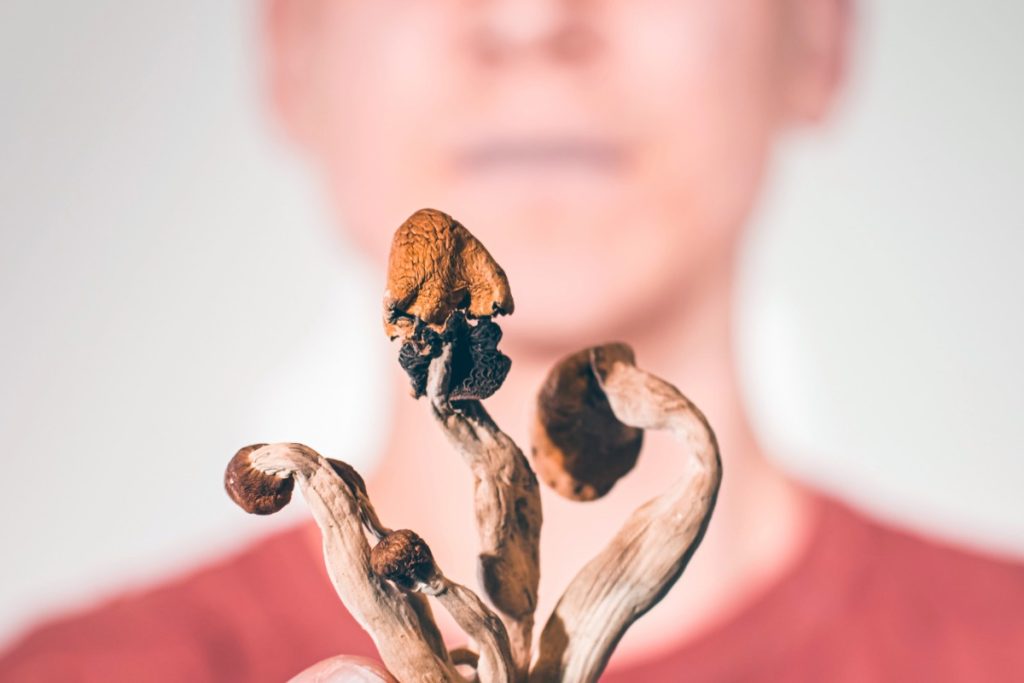 A man holding psilocybin mushrooms