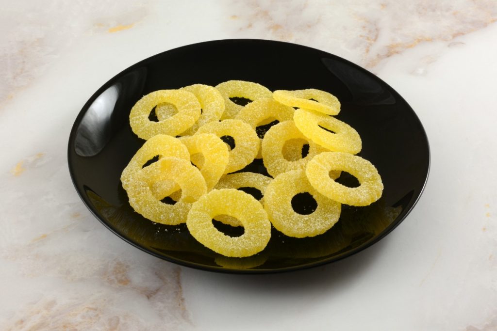 Functional mushroom gummies on a bowl