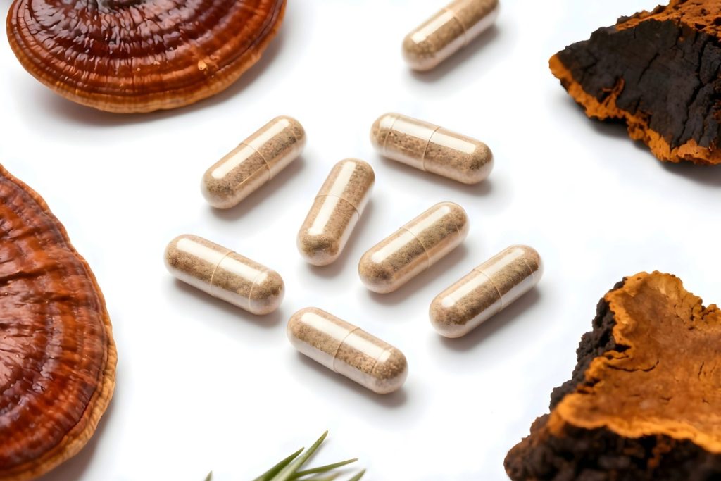 Functional mushrooms and their capsules are kept together