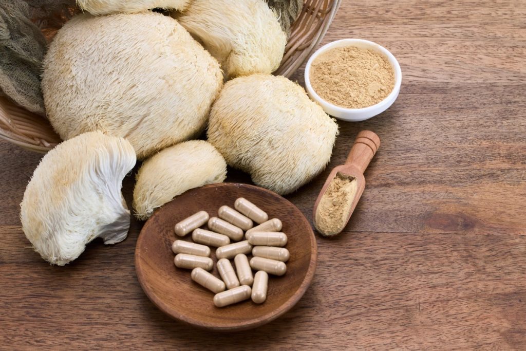 Lion's mane mushroom capsules and powder are shown in the image