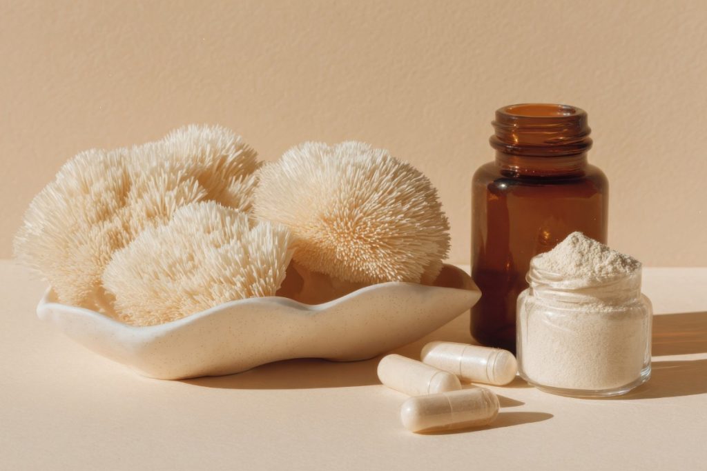 Mushroom capsules and powder kept with each other