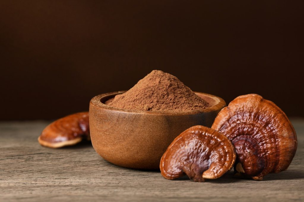 Reishi functional mushroom and its powdered form shown together
