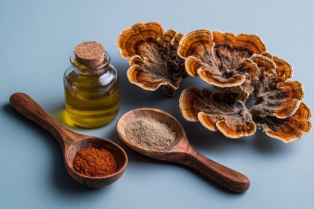 Turkey tail mushroom with its powder and oil is shown in the image